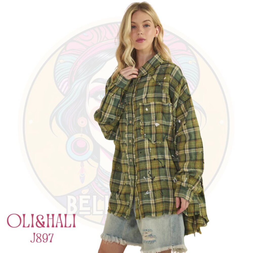 J897 OLI & HALI Green Combo Cotton Plaid Long Sleeve Shirt